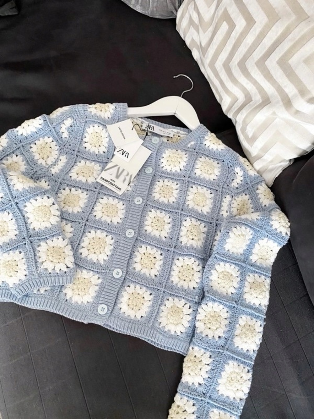 Zara Light Blue & Cream Crochet Square-Panel Cardigan - Picture 1 of 4